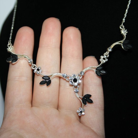 Silver and black rhinestone flower drop necklace